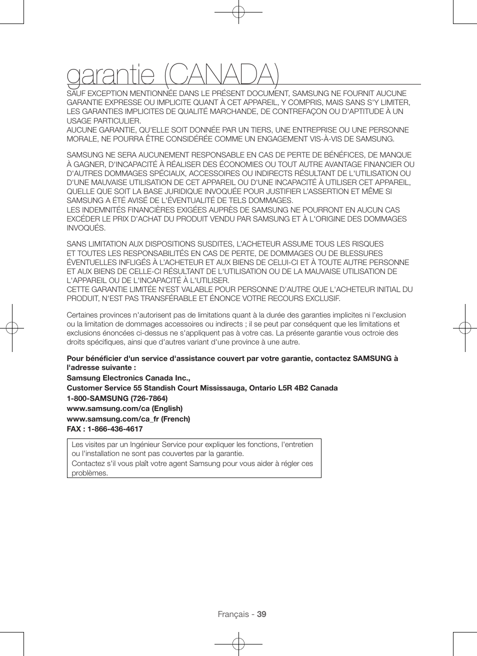 Garantie (canada) | Samsung DV56H9000EW-A2 User Manual | Page 79 / 120