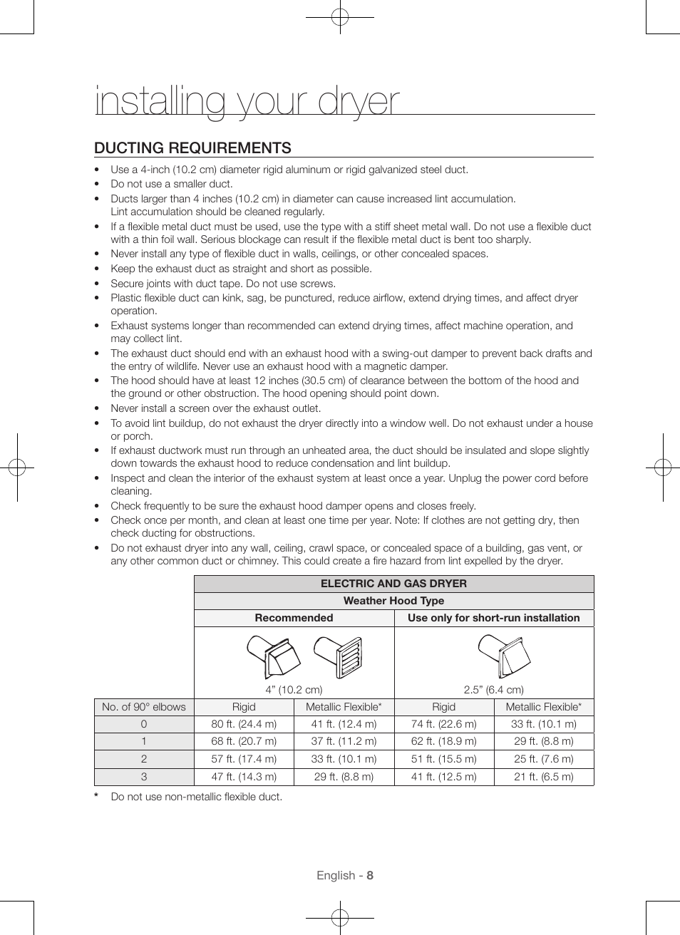 Installing your dryer, Ducting requirements | Samsung DV56H9000EW-A2 User Manual | Page 8 / 120