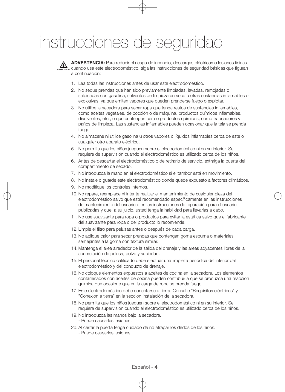 Instrucciones de seguridad | Samsung DV56H9000EW-A2 User Manual | Page 84 / 120