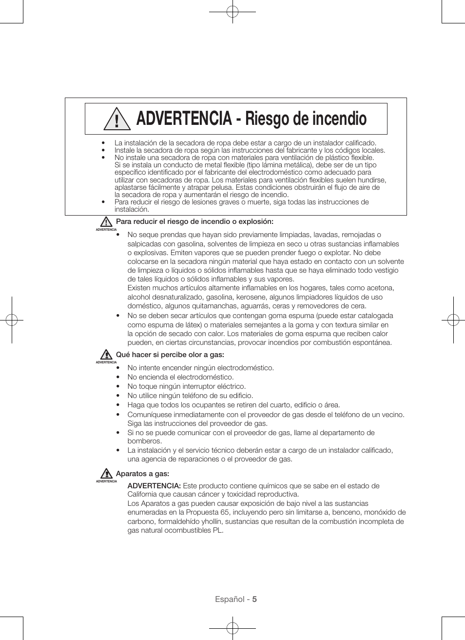 Advertencia - riesgo de incendio | Samsung DV56H9000EW-A2 User Manual | Page 85 / 120