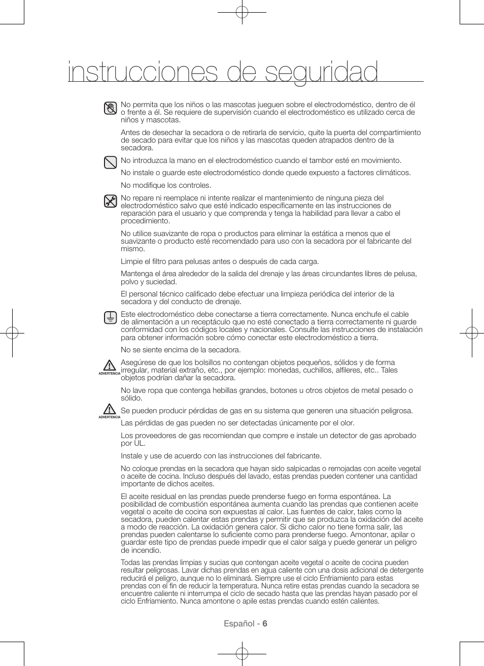 Instrucciones de seguridad | Samsung DV56H9000EW-A2 User Manual | Page 86 / 120