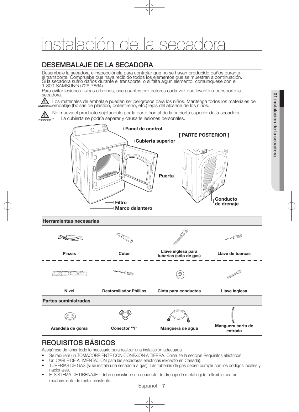 Instalación de la secadora, Desembalaje de la secadora, Requisitos básicos | Samsung DV56H9000EW-A2 User Manual | Page 87 / 120
