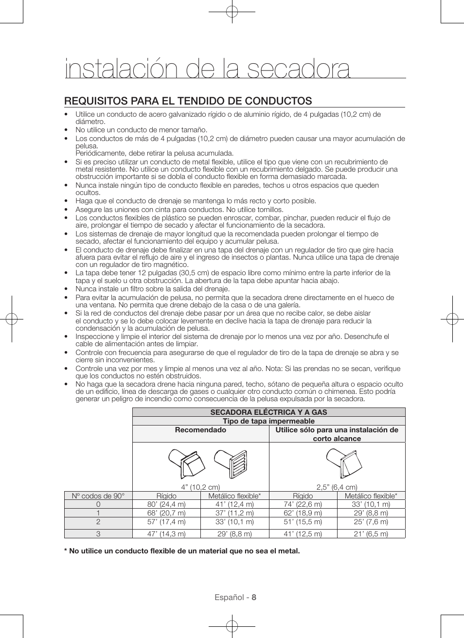 Instalación de la secadora, Requisitos para el tendido de conductos | Samsung DV56H9000EW-A2 User Manual | Page 88 / 120