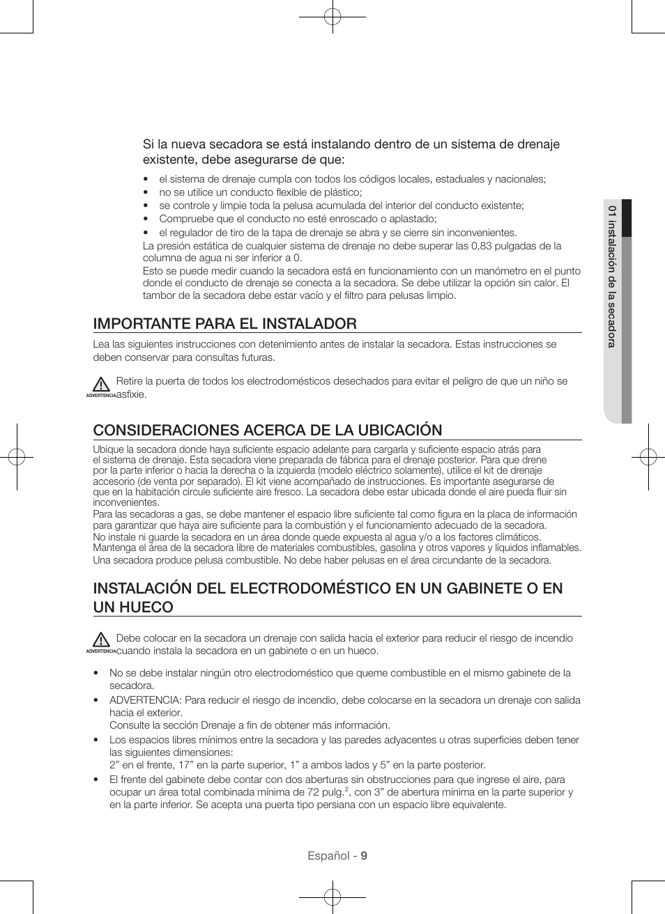Importante para el instalador, Consideraciones acerca de la ubicación | Samsung DV56H9000EW-A2 User Manual | Page 89 / 120