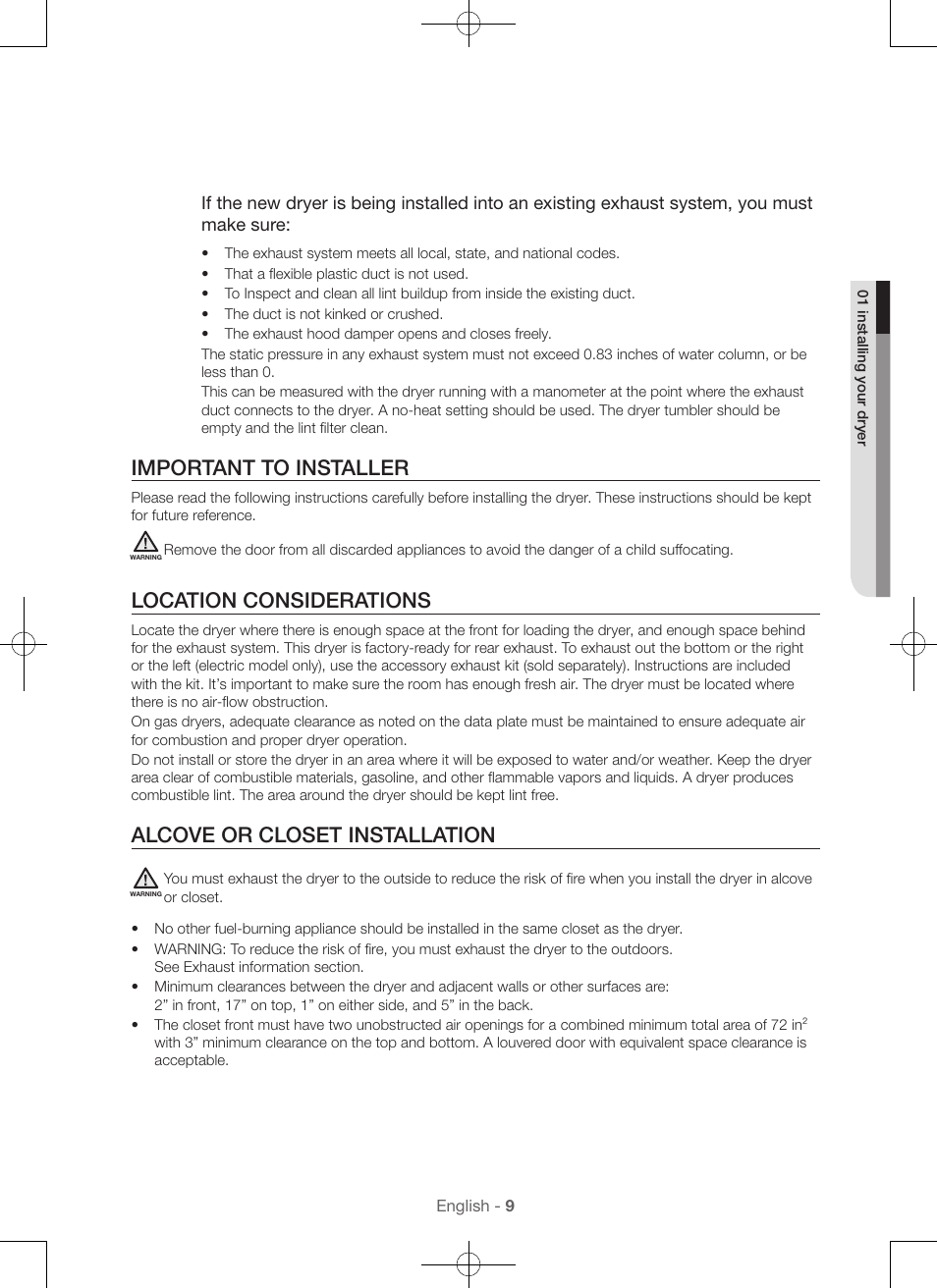 Important to installer, Location considerations, Alcove or closet installation | Samsung DV56H9000EW-A2 User Manual | Page 9 / 120