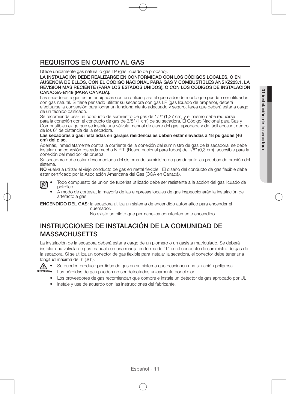 Requisitos en cuanto al gas | Samsung DV56H9000EW-A2 User Manual | Page 91 / 120
