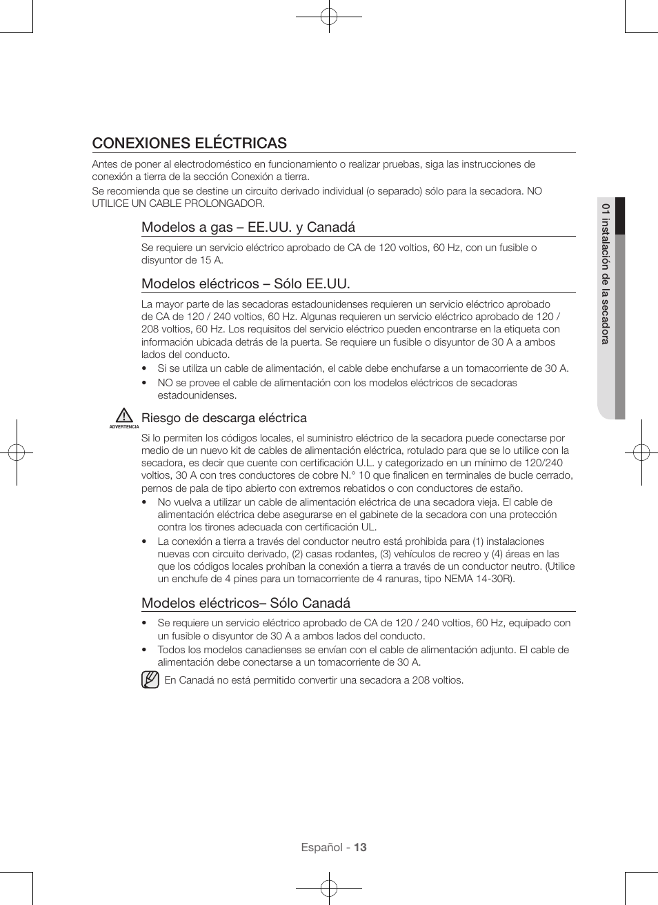 Conexiones eléctricas, Modelos a gas – ee.uu. y canadá, Modelos eléctricos – sólo ee.uu | Modelos eléctricos– sólo canadá | Samsung DV56H9000EW-A2 User Manual | Page 93 / 120