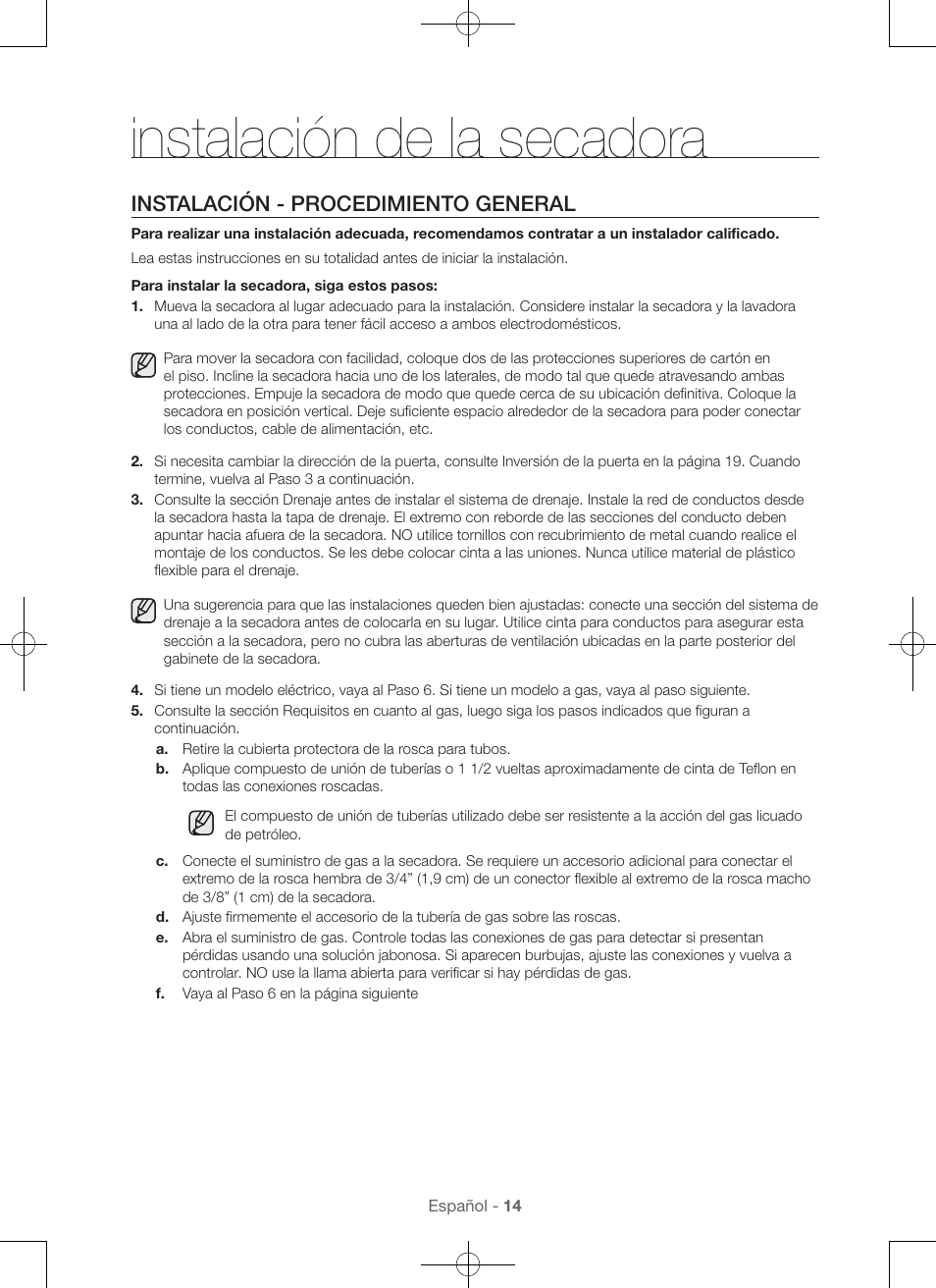 Instalación de la secadora, Instalación - procedimiento general | Samsung DV56H9000EW-A2 User Manual | Page 94 / 120