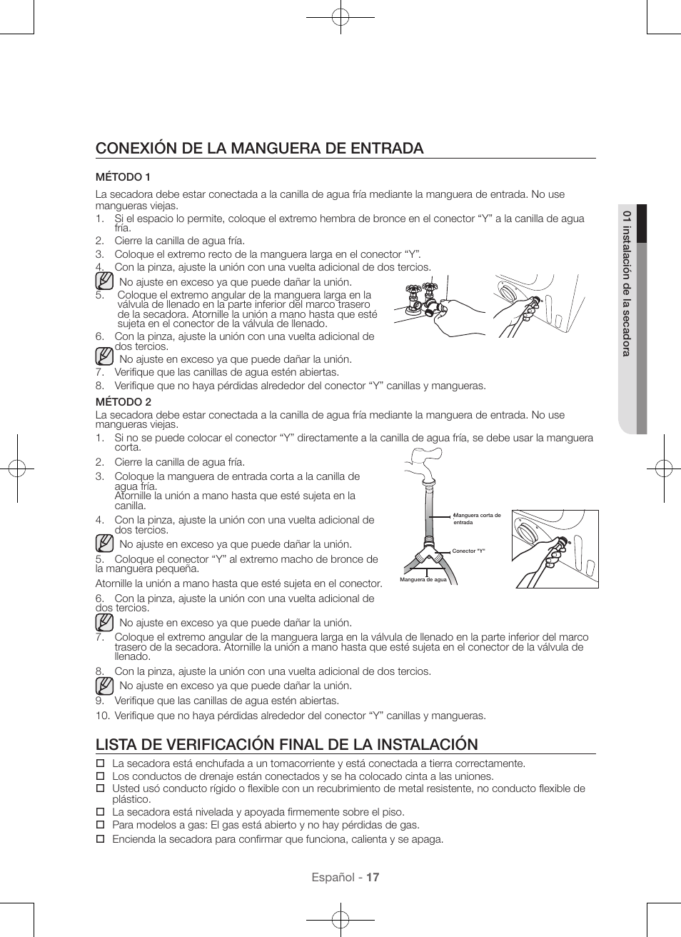 Conexión de la manguera de entrada, Lista de verificación final de la instalación | Samsung DV56H9000EW-A2 User Manual | Page 97 / 120