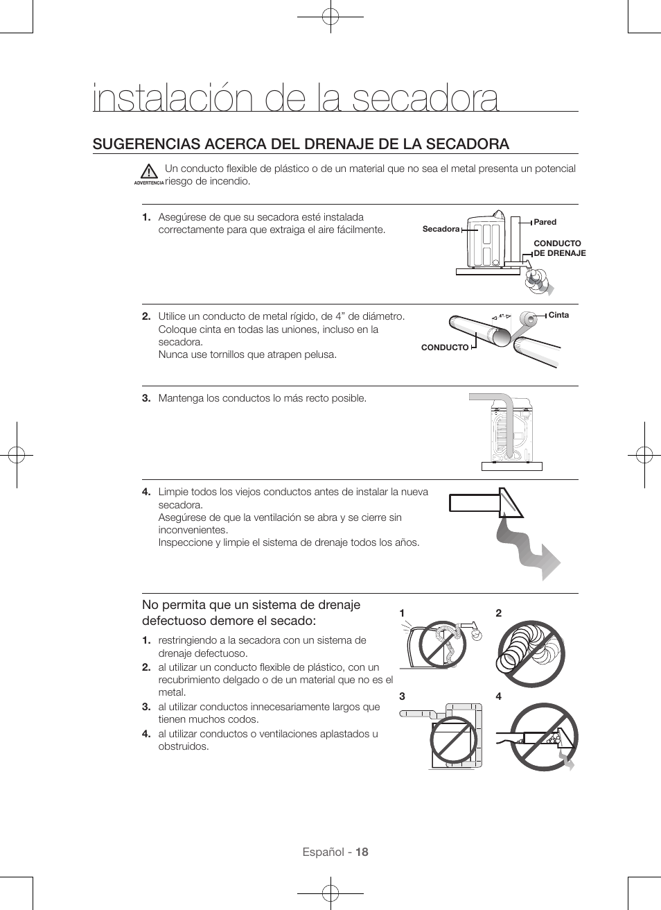Instalación de la secadora, Sugerencias acerca del drenaje de la secadora | Samsung DV56H9000EW-A2 User Manual | Page 98 / 120
