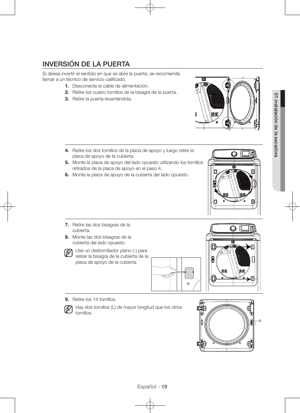 Inversión de la puerta | Samsung DV56H9000EW-A2 User Manual | Page 99 / 120