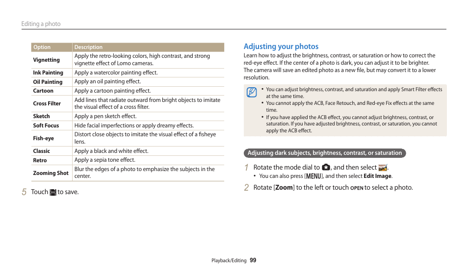 Adjusting your photos | Samsung EC-WB250FBPBUS User Manual | Page 100 / 166