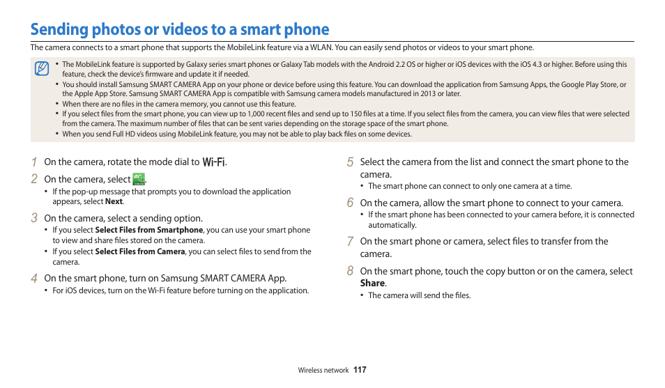 Sending photos or videos to a smart phone | Samsung EC-WB250FBPBUS User Manual | Page 118 / 166