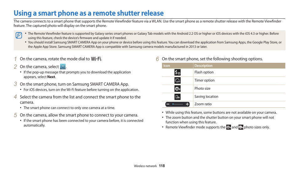 Using a smart phone as a remote shutter release | Samsung EC-WB250FBPBUS User Manual | Page 119 / 166