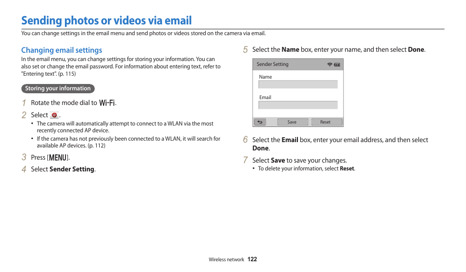 Sending photos or videos via email, Changing email settings | Samsung EC-WB250FBPBUS User Manual | Page 123 / 166