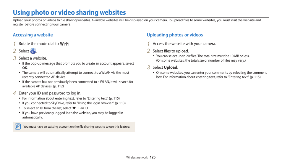 Using photo or video sharing websites, Accessing a website, Uploading photos or videos | Accessing a website uploading photos or videos | Samsung EC-WB250FBPBUS User Manual | Page 126 / 166