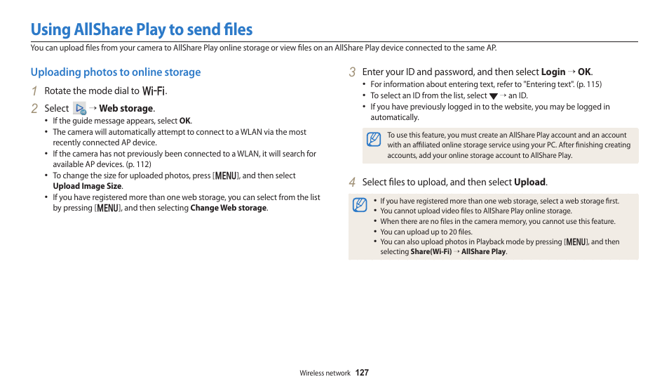 Using allshare play to send files, Uploading photos to online storage | Samsung EC-WB250FBPBUS User Manual | Page 128 / 166