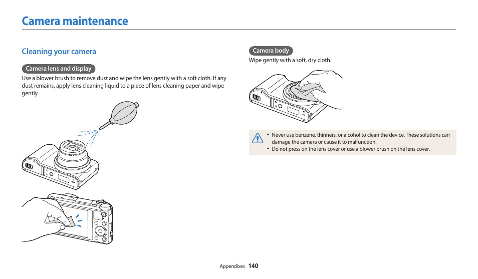 Camera maintenance, Cleaning your camera | Samsung EC-WB250FBPBUS User Manual | Page 141 / 166