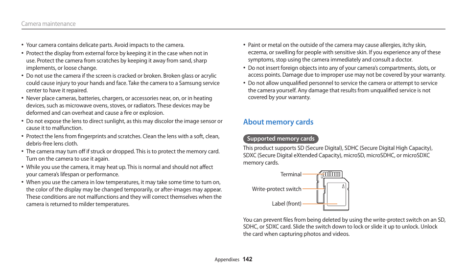 About memory cards | Samsung EC-WB250FBPBUS User Manual | Page 143 / 166