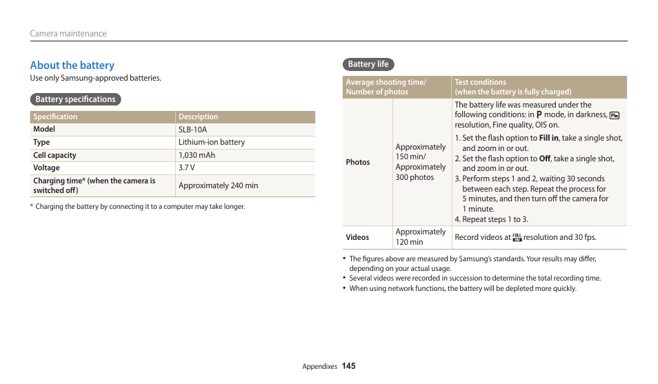 About the battery | Samsung EC-WB250FBPBUS User Manual | Page 146 / 166