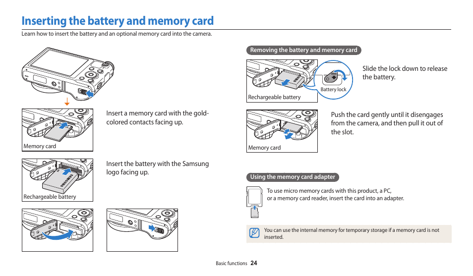 Inserting the battery and memory card | Samsung EC-WB250FBPBUS User Manual | Page 25 / 166