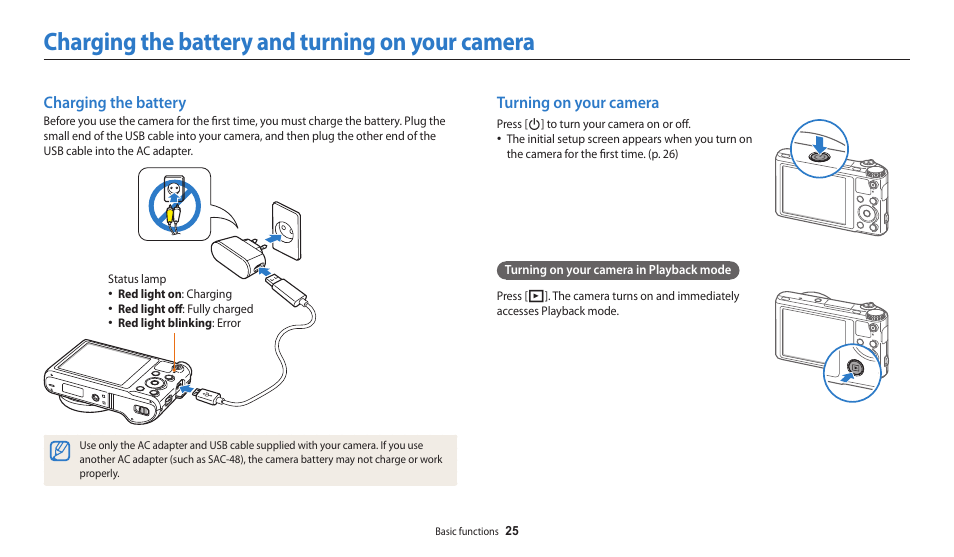 Charging the battery and turning on your camera, Charging the battery, Turning on your camera | Charging the battery turning on your camera | Samsung EC-WB250FBPBUS User Manual | Page 26 / 166