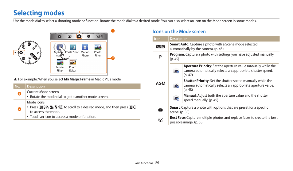 Selecting modes, Icons on the mode screen | Samsung EC-WB250FBPBUS User Manual | Page 30 / 166