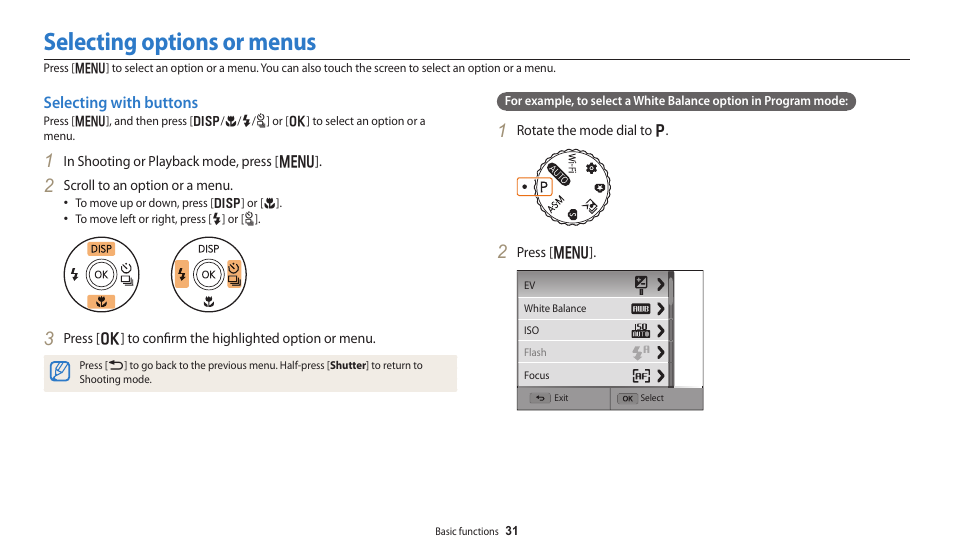 Selecting options or menus, Selecting with buttons | Samsung EC-WB250FBPBUS User Manual | Page 32 / 166