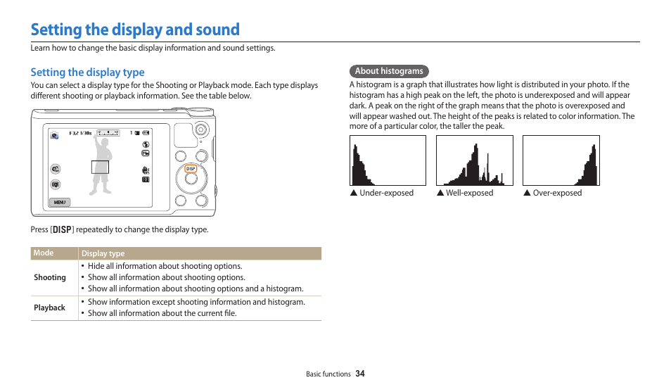 Setting the display and sound, Setting the display type | Samsung EC-WB250FBPBUS User Manual | Page 35 / 166