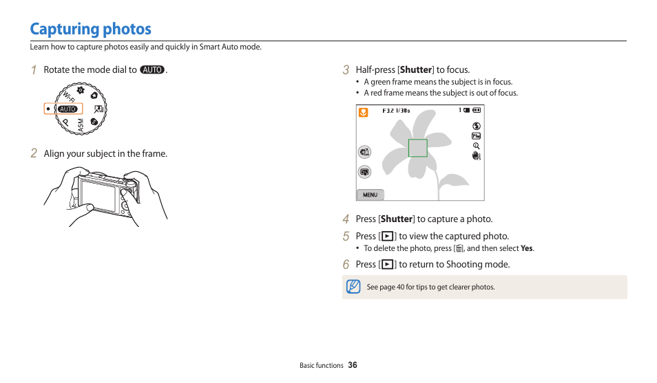 Capturing photos | Samsung EC-WB250FBPBUS User Manual | Page 37 / 166