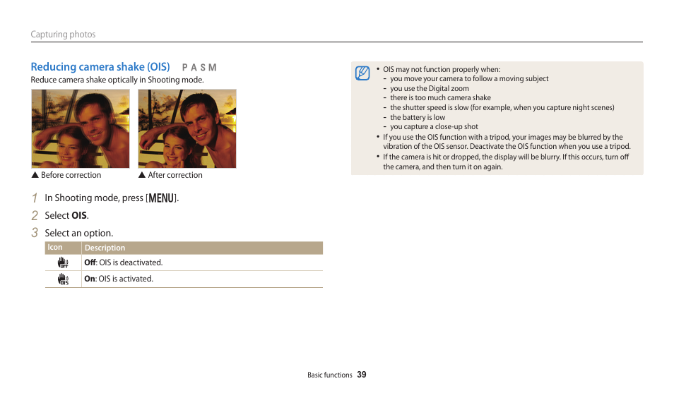 Reducing camera shake (ois) | Samsung EC-WB250FBPBUS User Manual | Page 40 / 166