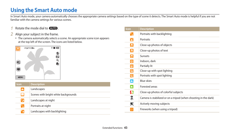 Using the smart auto mode | Samsung EC-WB250FBPBUS User Manual | Page 44 / 166