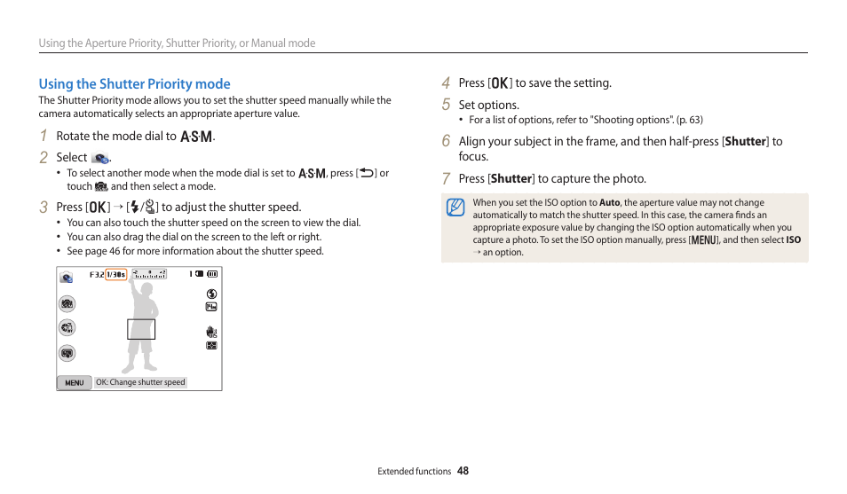 Using the shutter priority mode | Samsung EC-WB250FBPBUS User Manual | Page 49 / 166