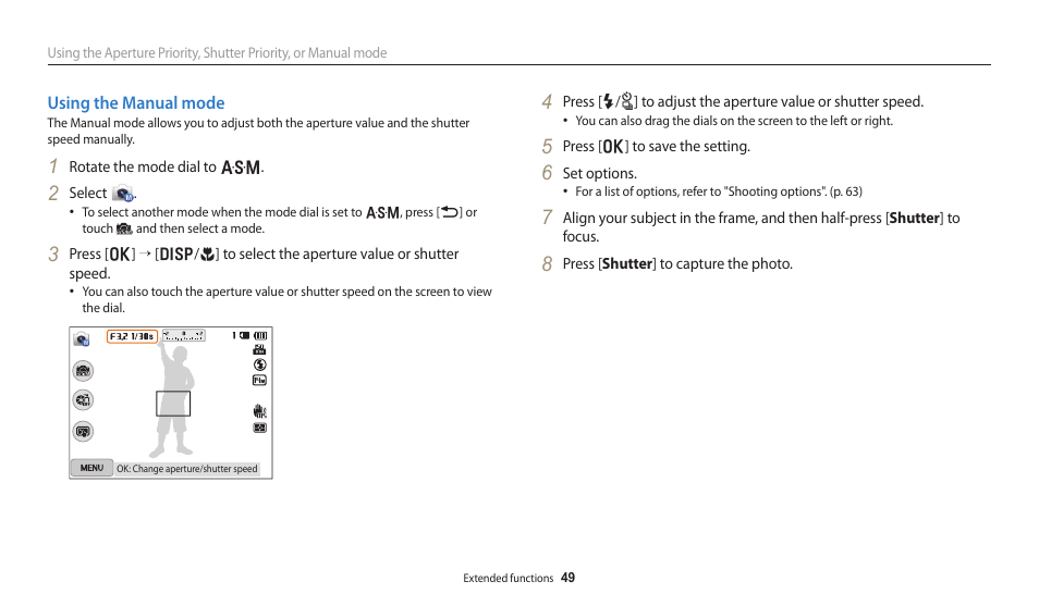 Using the manual mode | Samsung EC-WB250FBPBUS User Manual | Page 50 / 166