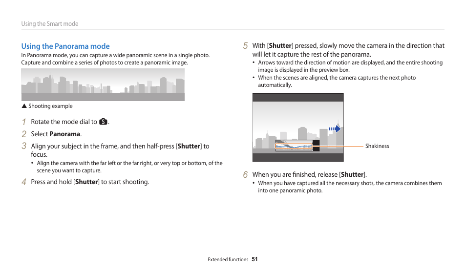 Using the panorama mode | Samsung EC-WB250FBPBUS User Manual | Page 52 / 166