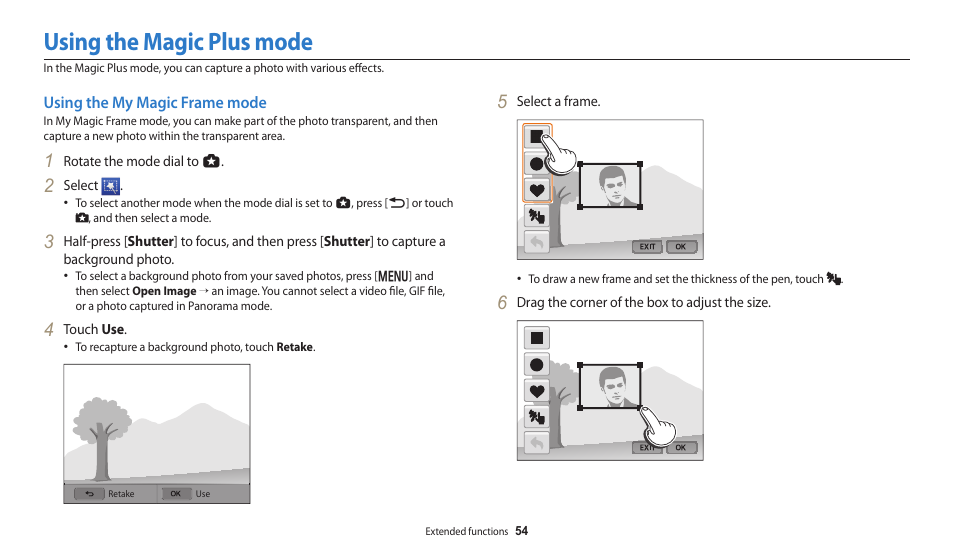 Using the magic plus mode, Using the my magic frame mode | Samsung EC-WB250FBPBUS User Manual | Page 55 / 166