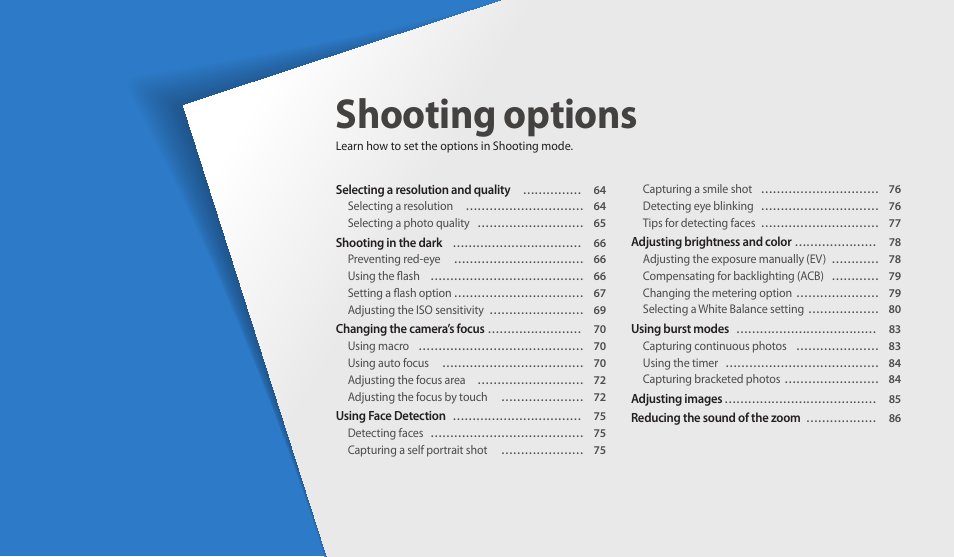 Shooting options, Learn how to set the options in shooting mode | Samsung EC-WB250FBPBUS User Manual | Page 64 / 166