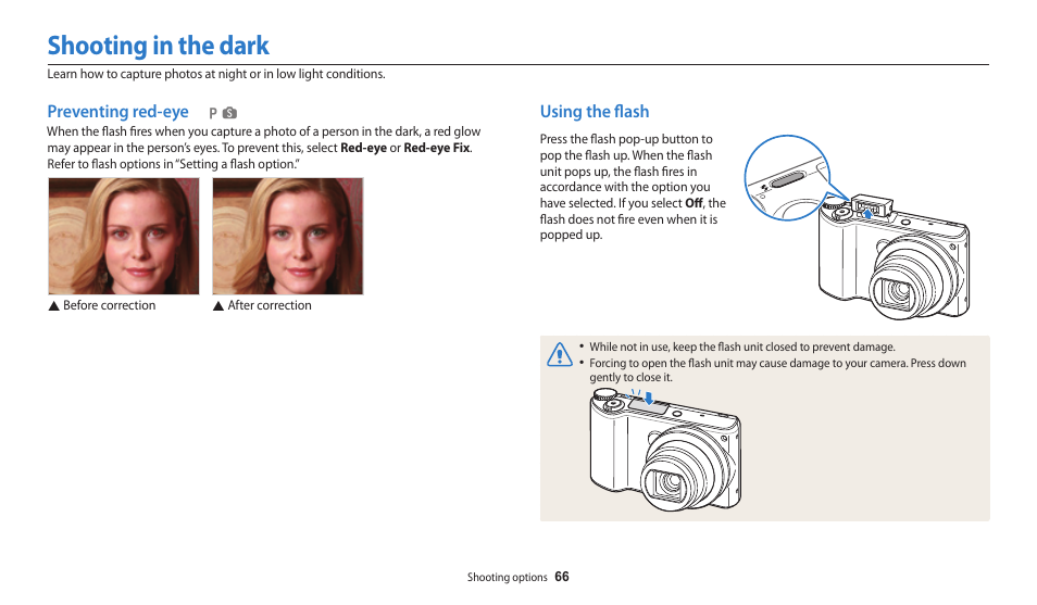 Shooting in the dark, Preventing red-eye, Using the flash | Preventing red-eye using the flash | Samsung EC-WB250FBPBUS User Manual | Page 67 / 166