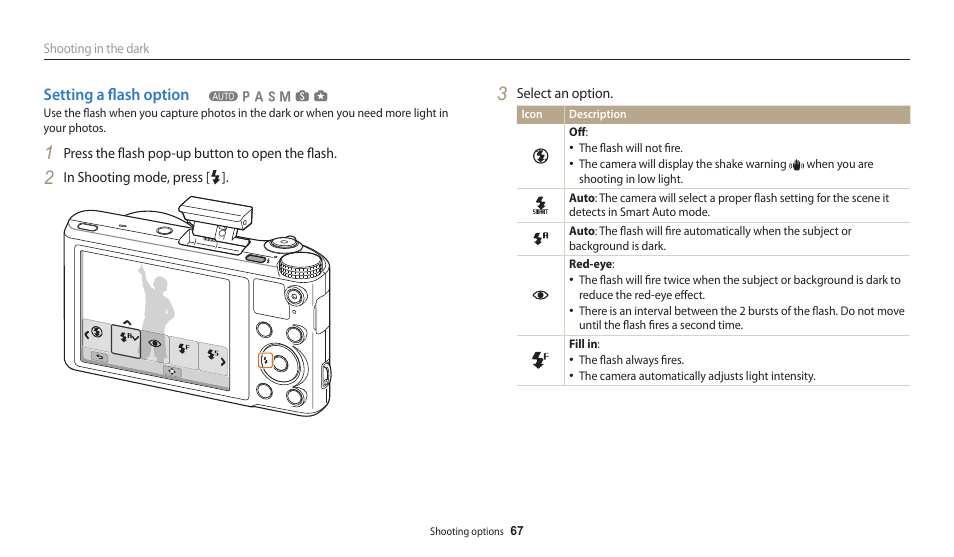 Setting a flash option | Samsung EC-WB250FBPBUS User Manual | Page 68 / 166