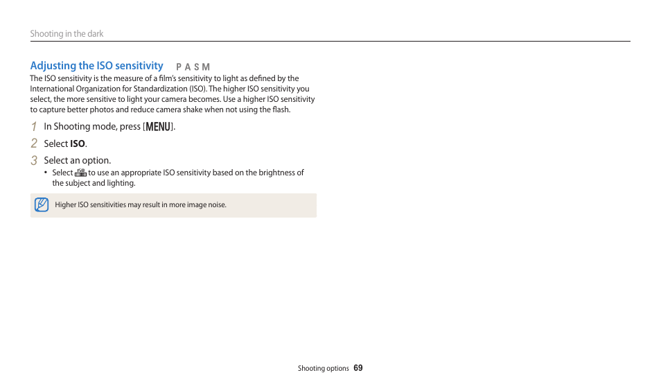 Adjusting the iso sensitivity | Samsung EC-WB250FBPBUS User Manual | Page 70 / 166