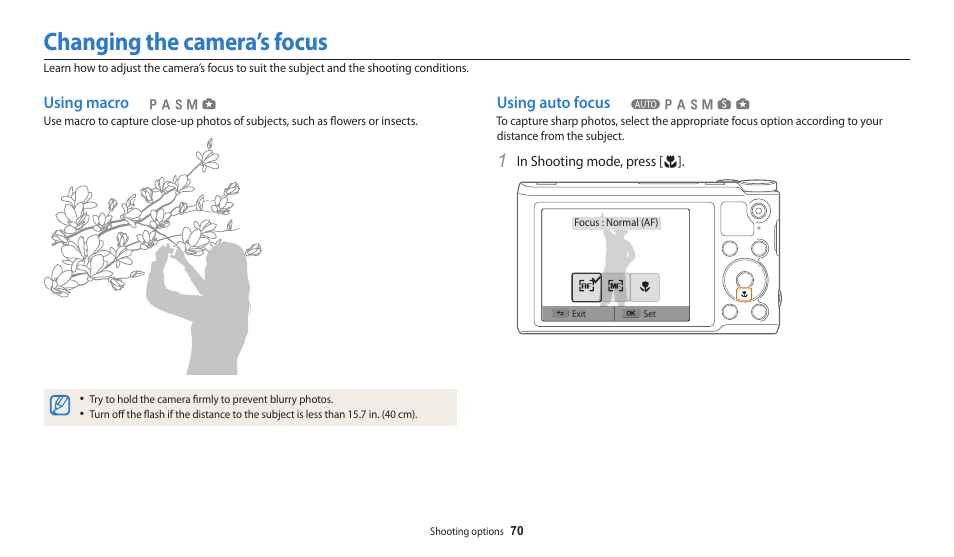 Changing the camera’s focus, Using macro, Using auto focus | Using macro using auto focus | Samsung EC-WB250FBPBUS User Manual | Page 71 / 166