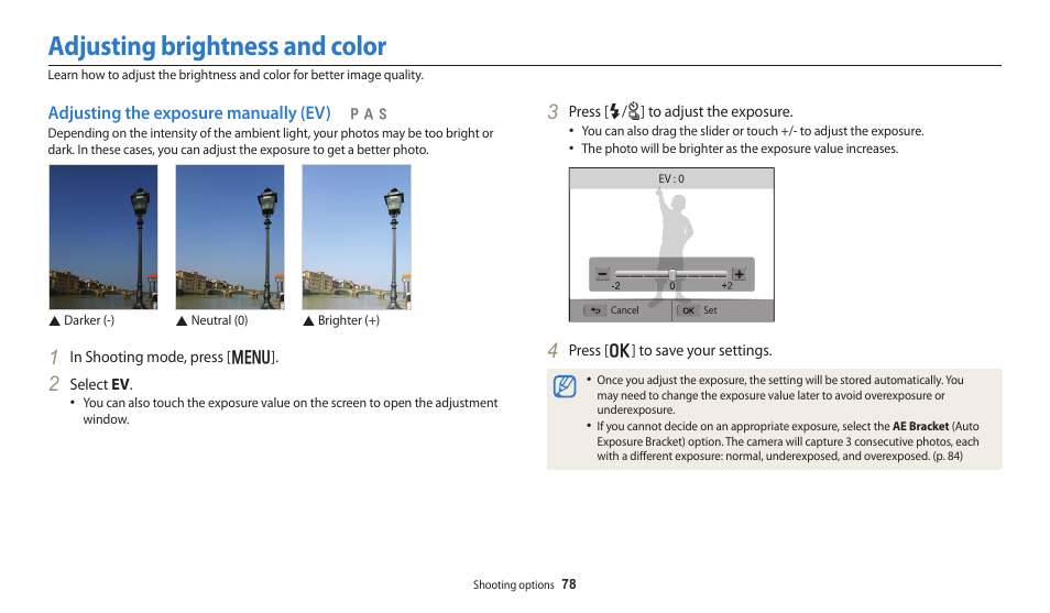 Adjusting brightness and color, Adjusting the exposure manually (ev) | Samsung EC-WB250FBPBUS User Manual | Page 79 / 166