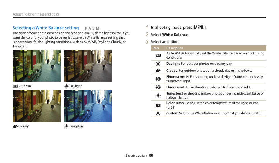 Selecting a white balance setting | Samsung EC-WB250FBPBUS User Manual | Page 81 / 166