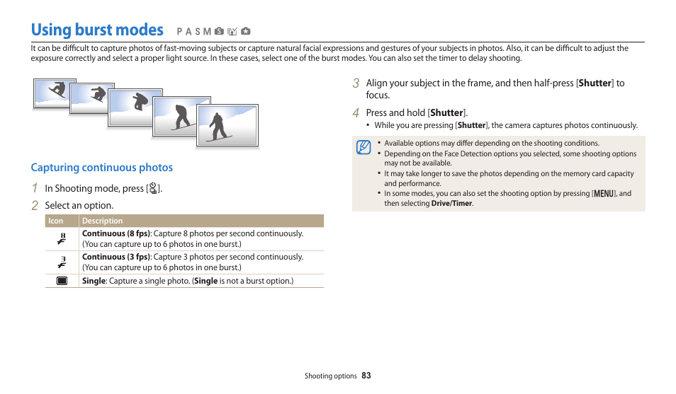 Using burst modes, Capturing continuous photos | Samsung EC-WB250FBPBUS User Manual | Page 84 / 166