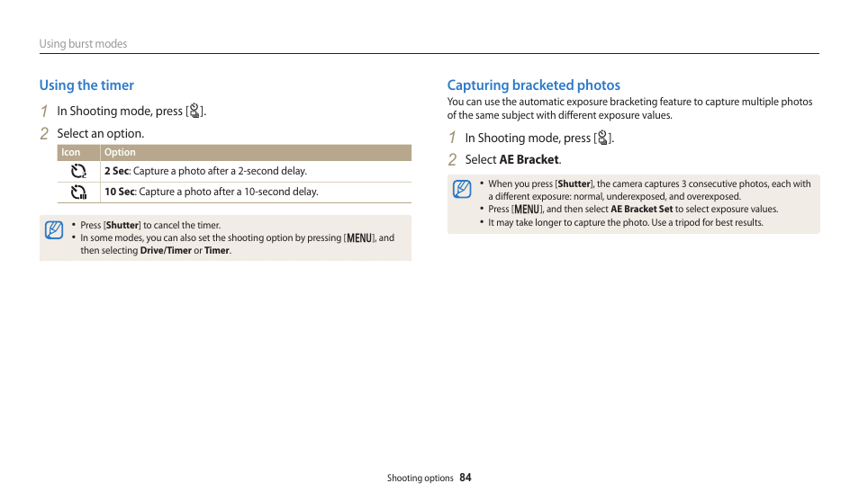 Using the timer, Capturing bracketed photos, Using the timer capturing bracketed photos | Samsung EC-WB250FBPBUS User Manual | Page 85 / 166