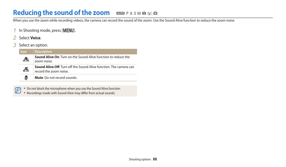 Reducing the sound of the zoom | Samsung EC-WB250FBPBUS User Manual | Page 87 / 166