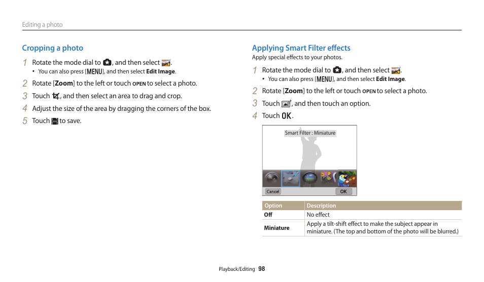 Cropping a photo, Applying smart filter effects, Cropping a photo applying smart filter effects | Samsung EC-WB250FBPBUS User Manual | Page 99 / 166