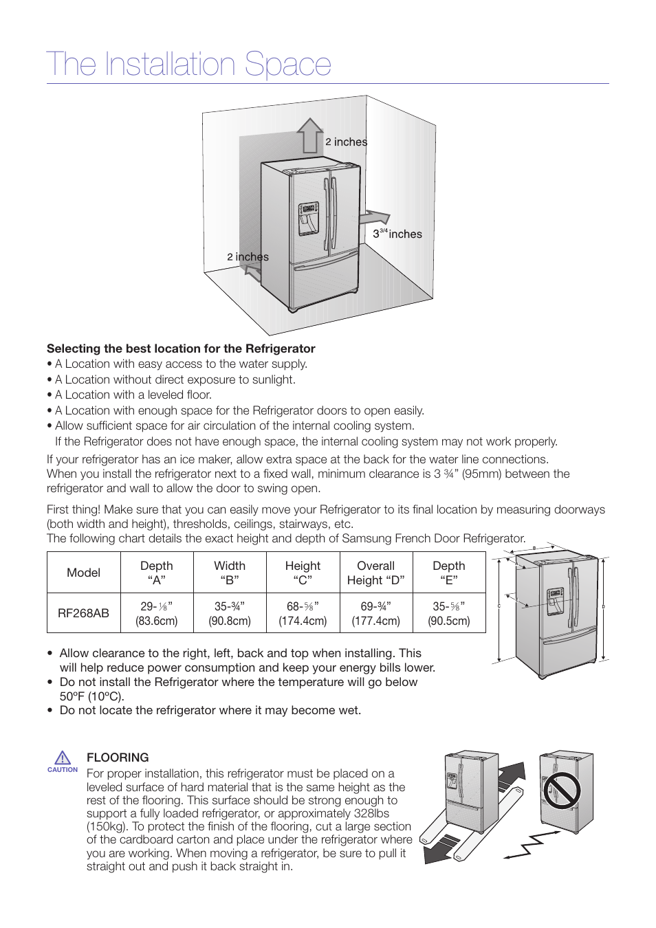 The installation space | Samsung RF268ABRS-XAA User Manual | Page 2 / 7