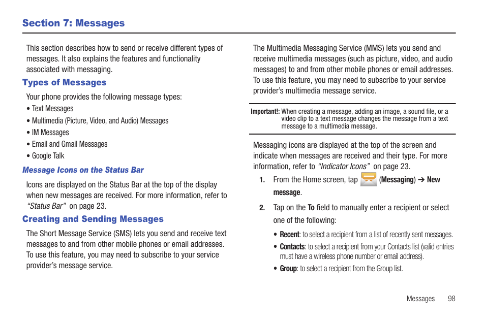 Section 7: messages, Types of messages, Creating and sending messages | Types of messages creating and sending messages | Samsung SGH-T959HAVTMB User Manual | Page 103 / 256