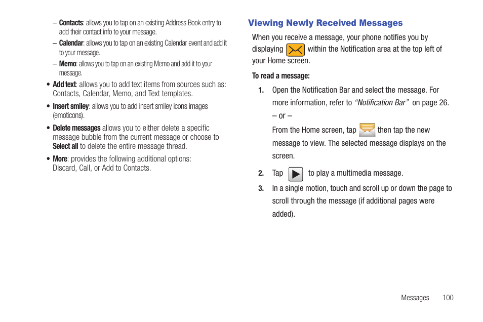 Viewing newly received messages | Samsung SGH-T959HAVTMB User Manual | Page 105 / 256